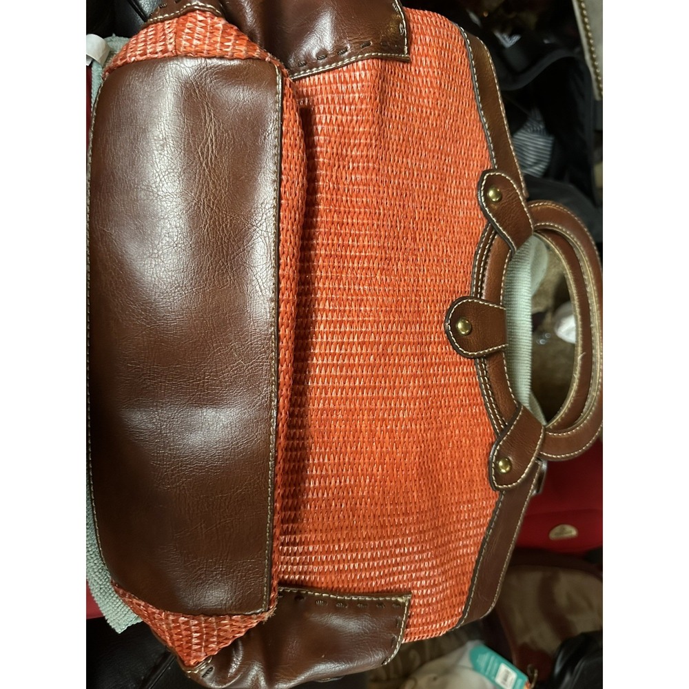 Fossil Orange/Brown Satchel Top Handle Striped Lining Inner Pockets Stitch